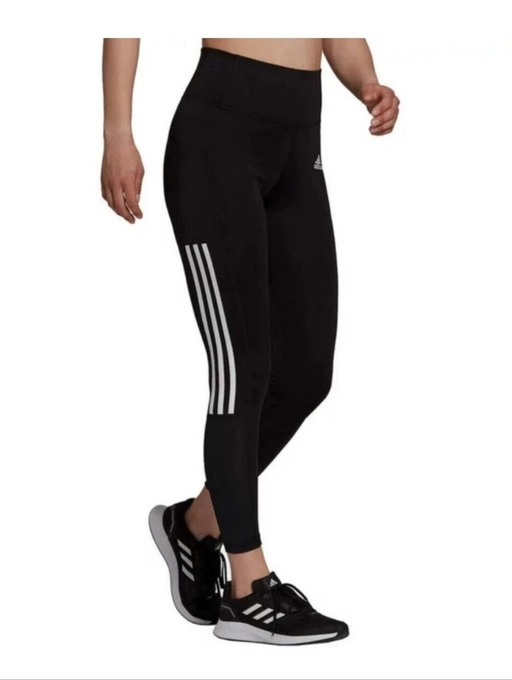 adidas Black High-Rise Training Leggings with White 3-Stripes Med